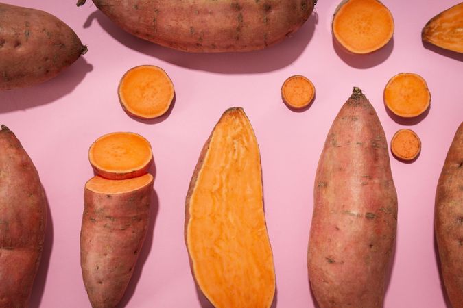Concept of vegetables, sweet potato, top view