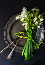 Table setting for Easter dinner with snowdrop flowers on dark plate