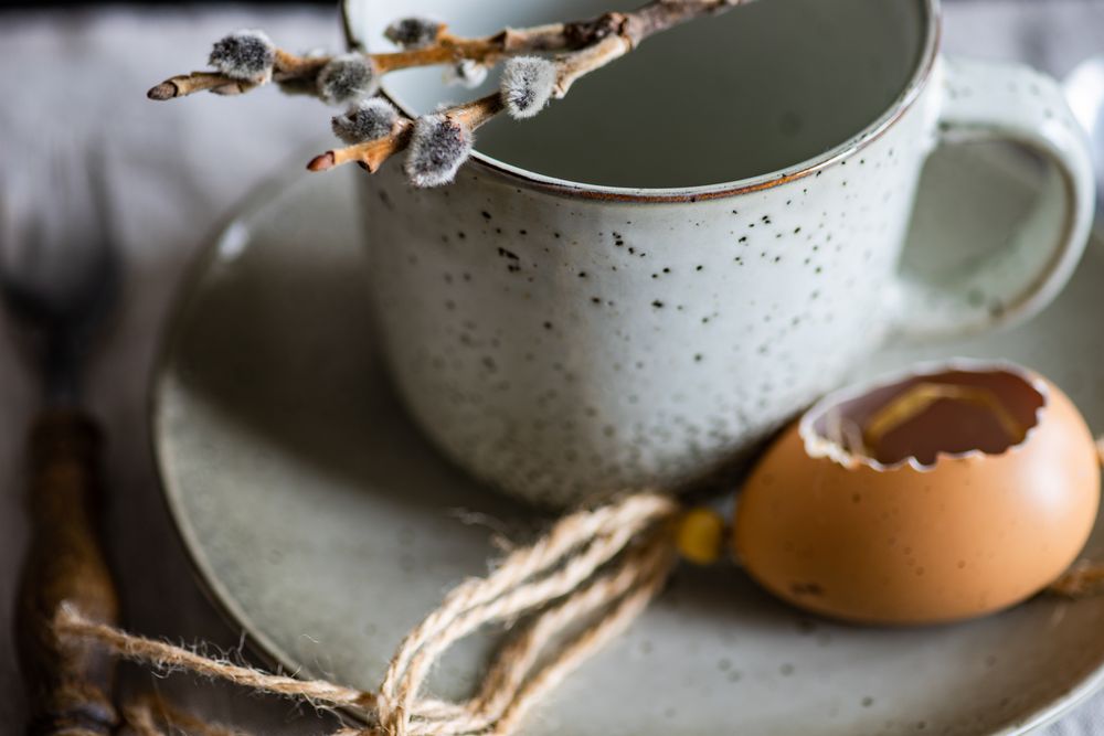 Easter table setting with mug, pussy willow and decorative egg shell