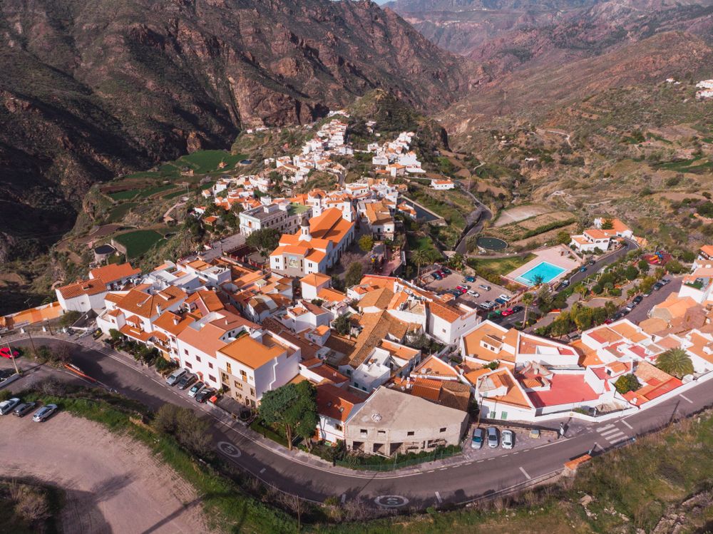 Drone view of city in mountain valley