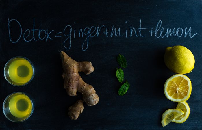 Chalkboard with detox drink ingredients with ginger, lemon and mint
