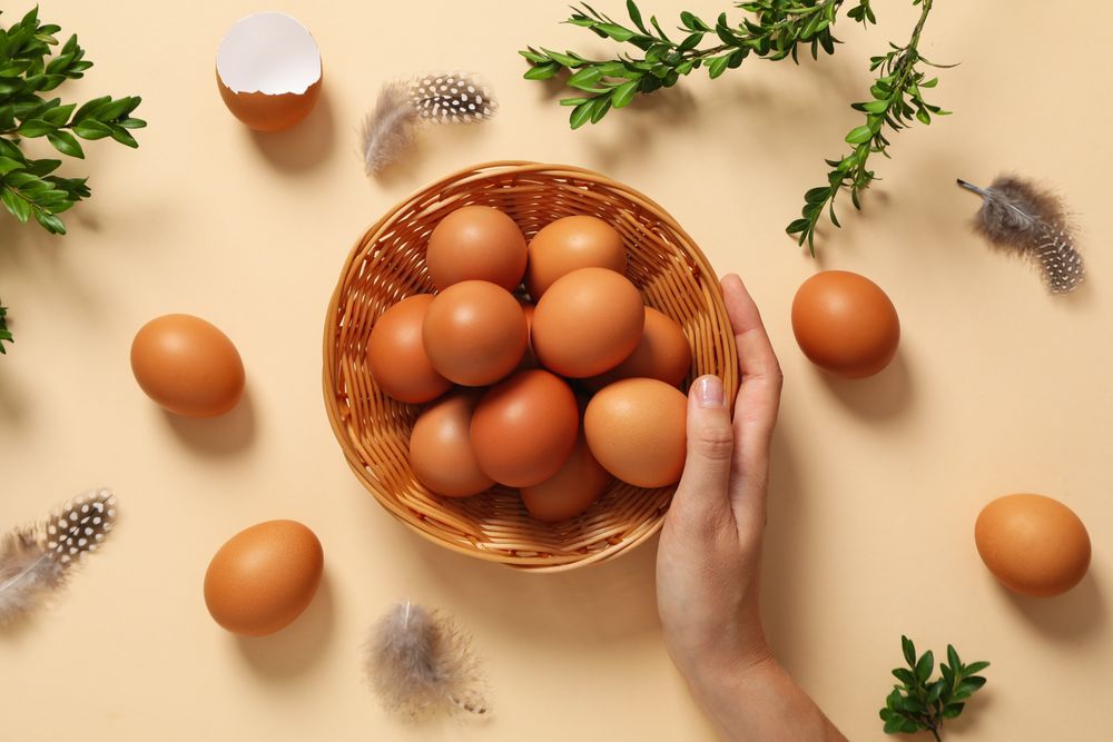 Concept of natural farm product - eggs, top view