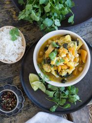 Plate with vegetarian curry on tray