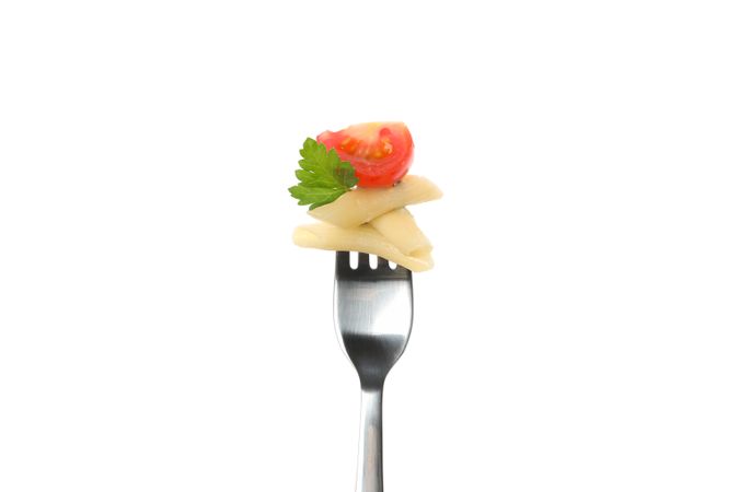 Fork with tasty pasta isolated on studio background