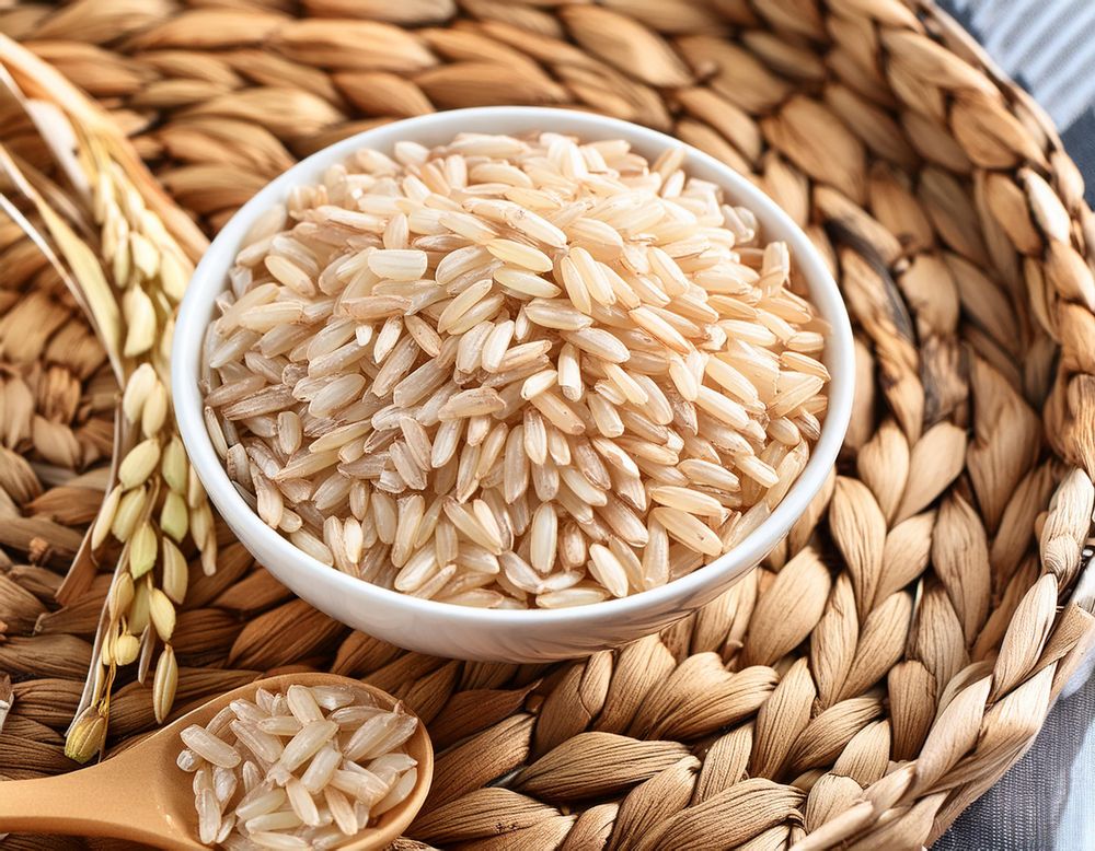 Brown rice on porcelain bowl
