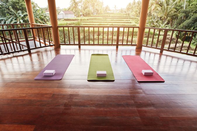 Three colorful yoga mats with a beautiful Bali scene in the background