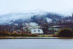Mobile home parked near hills