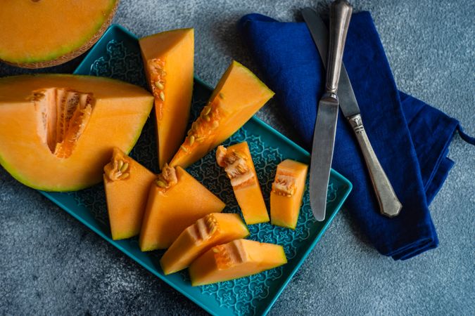 Looking down at sliced cantaloupe