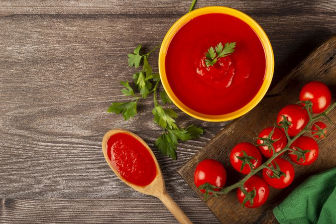 Delicious homemade tomato soup in bowl.