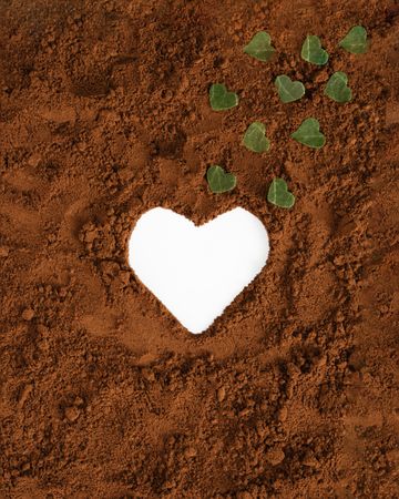 Heart shape surrounded by brown soil with green leaves