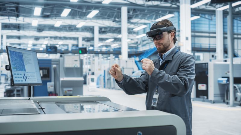Male scientist working in laboratory in goggles