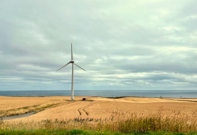 onshore wind turbine in field North England near scottish border coastal