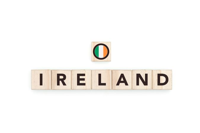 Wooden blocks bearing the name and flag of Ireland.