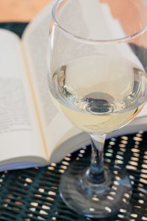 Close up of a glass of wine with an open book in the background, a concept of relaxation