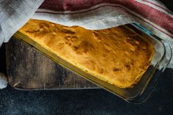Top view of healthy food concept with freshly baked gluten free bread