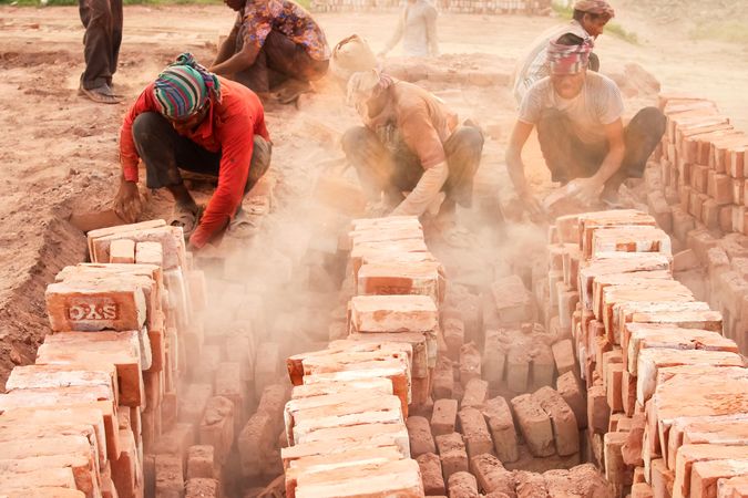 Laborers at brick factory field in Dhaka, Bangladesh