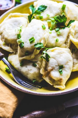 Close up of Ukrainian vareniki with potato