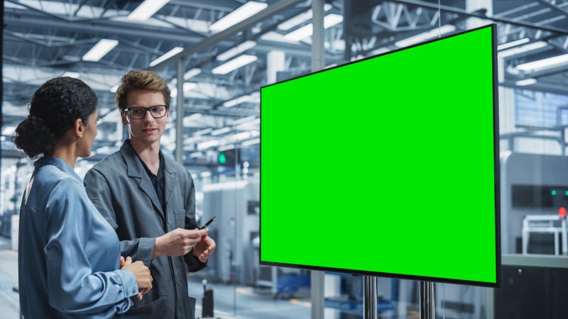 Male and female colleagues presenting from screen, mockup