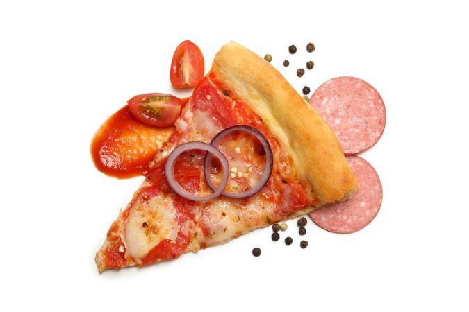 Tasty slice of pizza isolated on blank background