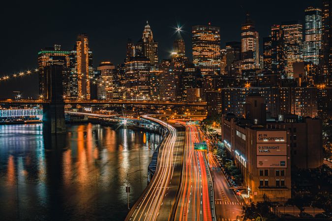Long exposure of car light in Manhattan, New York City, NYC, US