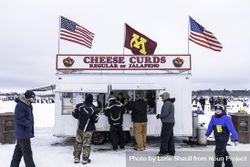 Nisswa, MN, USA - January 25th, 2020: A trailer selling cheese curds at an ice fishing competition 56lalb