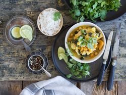 Plate with vegetarian curry on tray