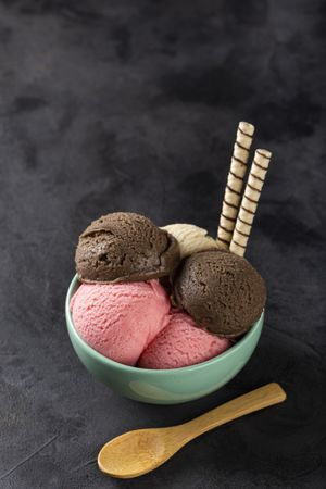 Bowl with Neapolitan ice cream on dark background.