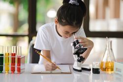 Asian girls having fun experimenting with science.