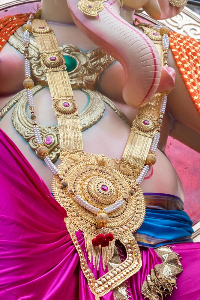 A beautiful idol of Lord Ganpati being displayed in a procession called Aagman Sohala in Mumbai, India for the festival of Ganesh Chaturthi