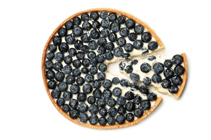 Tasty blueberry pie isolated on light background