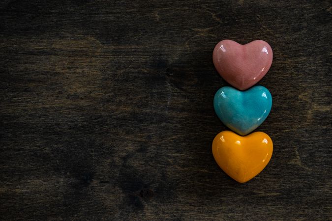 Valentine's day concept with three colorful ceramic heart
