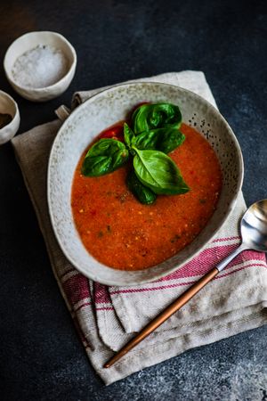 Modern ceramic bowl of gazpacho soup with basil leaves and seasoning