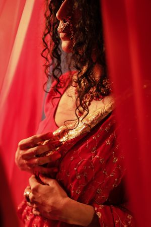 Cropped image of woman in red sari
