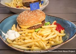 Plate with hamburger and fries bEMnAb