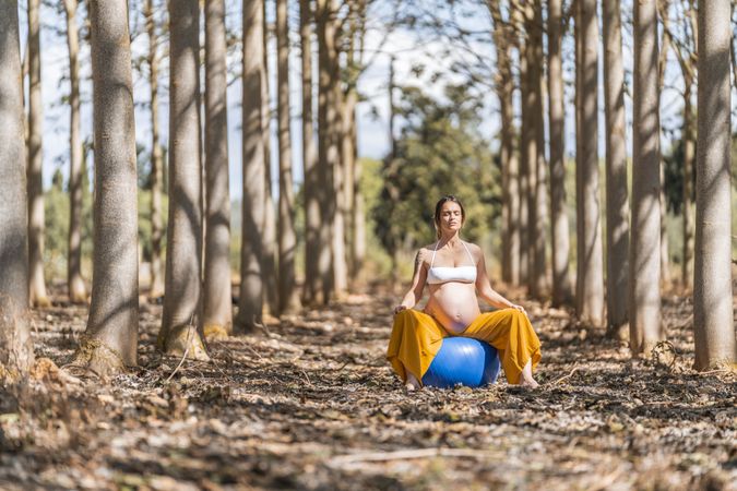Adult pregnant lady sitting on big pilates ball in park during sunny day