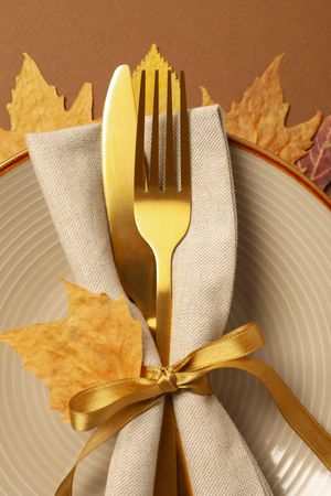 Golden cutlery on plate and leaves on brown background, close up