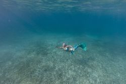 Blond fairytale female mermaid swimming underwater