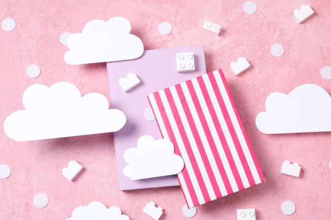 Concept of baby book or books for children, top view