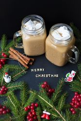marshmellou hot cocoa trees in the background. The inscription Merry Christmas