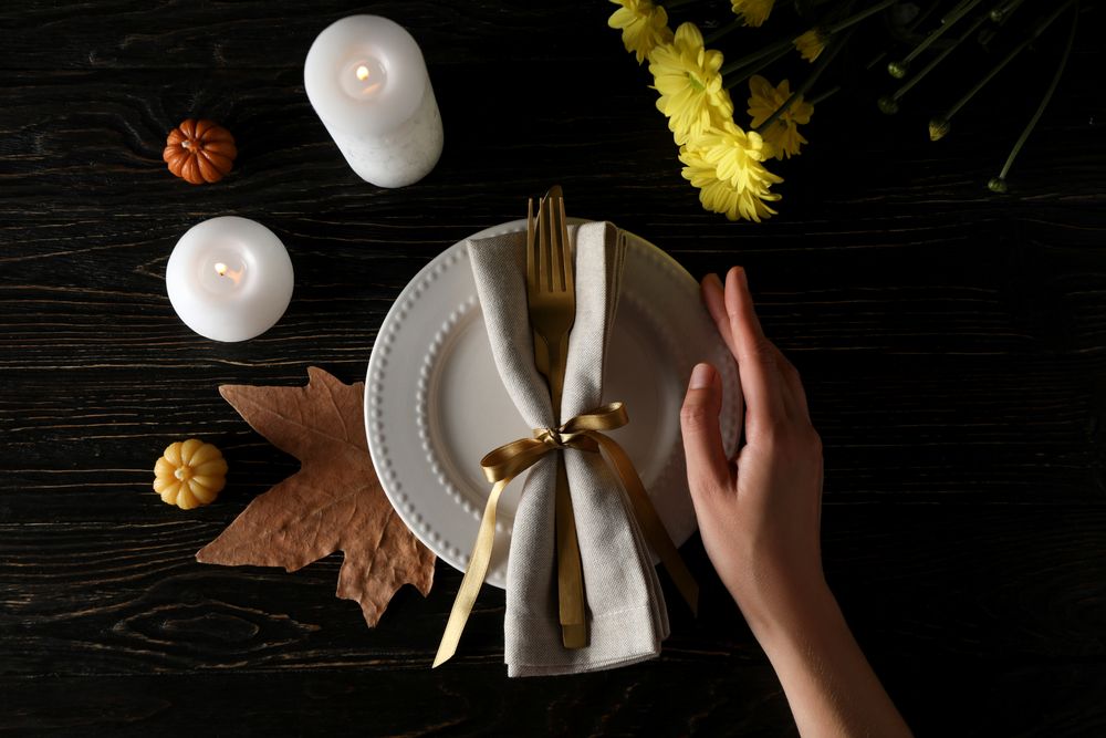 Concept of Thanksgiving day, Autumn table setting, top view
