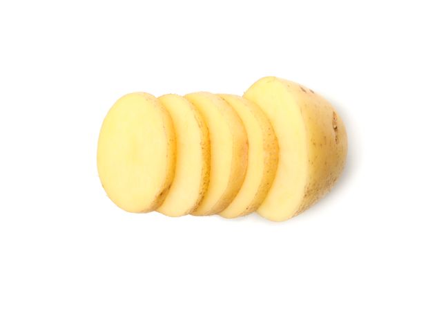 Side view of uniformed sliced potato