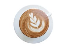 Latte coffee with leaf design art on isolated background