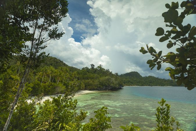 Landscape of beaches and rainforests, on the island of Gam, in Raja Ampat, West Papua, Indonesia