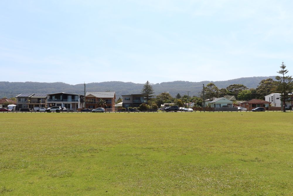 Houses With Mountain View And Large Green Lawn In A Residential Area On A Sunny Day