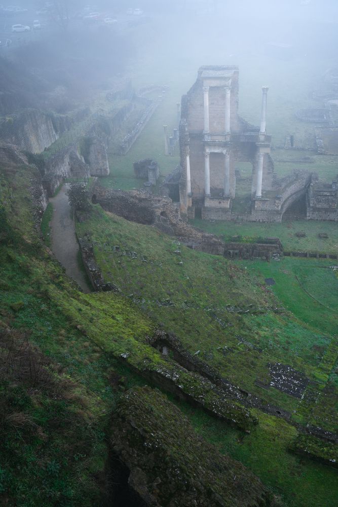 Majestic view of ancient ruins in fog