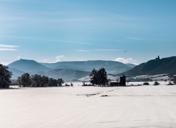 Snow-covered white fields in Alsace, top view.