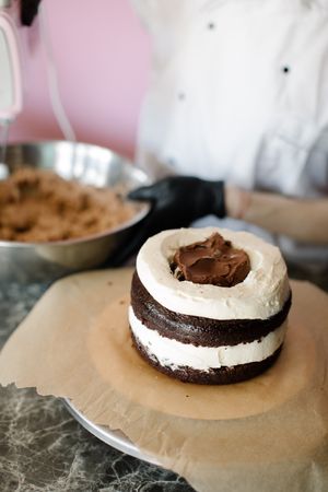 Round chocolate cake with vanilla icing