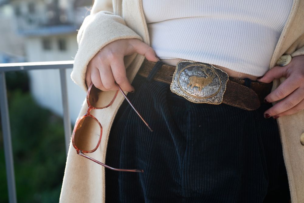 Cropped close up shot of vintage belt buckle with elk