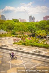 Top view of a person riding a bicycle in a garden in city 4Br2e4