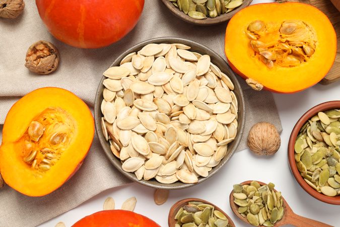 Concept of Autumn vibe food, Pumpkin, Pumpkin seeds